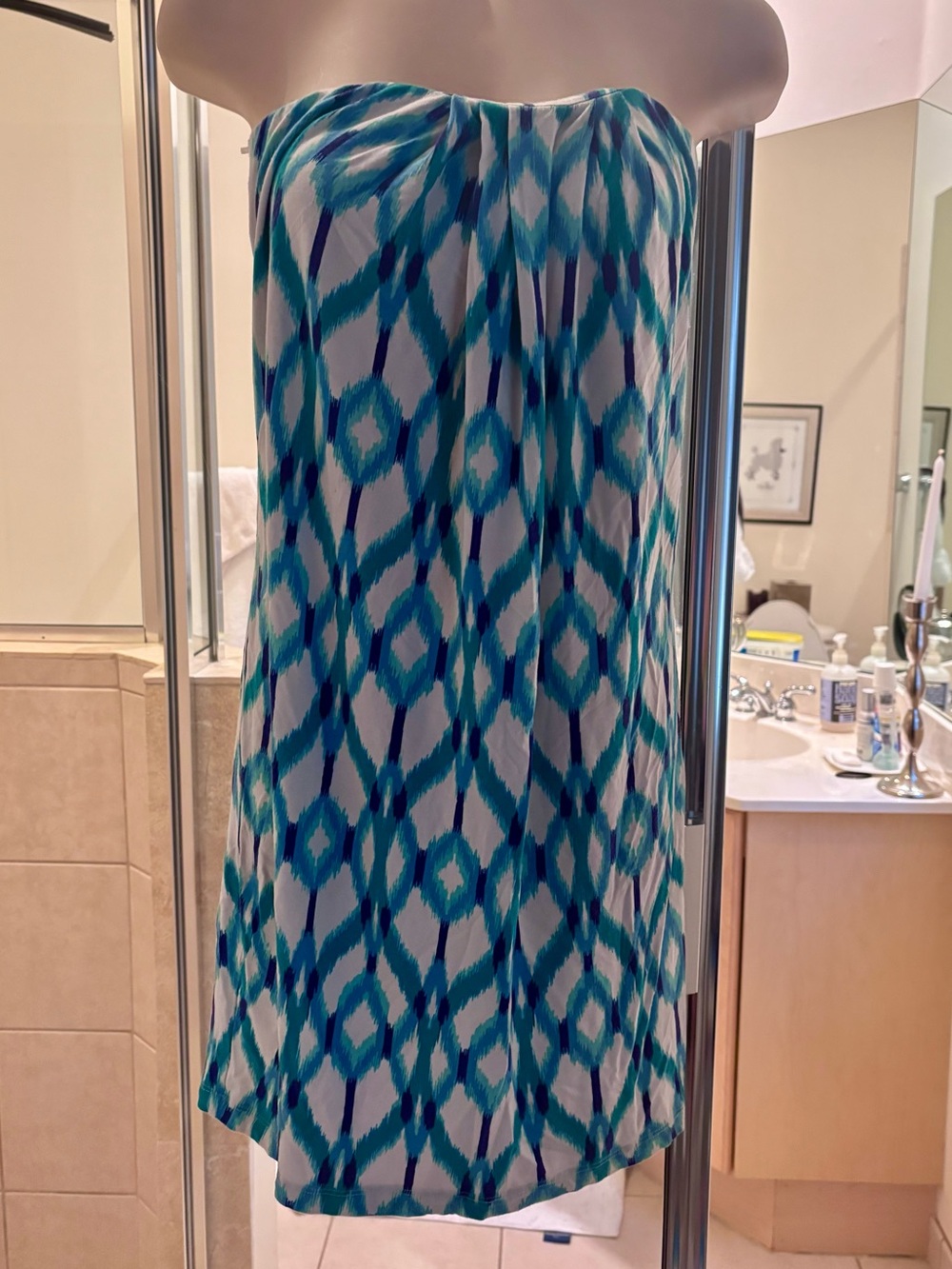 Tart Strapless Aqua & White Geometric Mini Dress